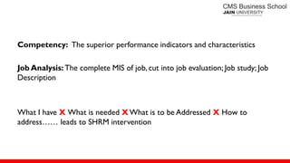 Competency: The superior performance indicators and characteristics
Job Analysis: The complete MIS of job, cut into job evaluation; Job study; Job
Description
What I have X What is needed XWhat is to be Addressed X How to
address…… leads to SHRM intervention
 