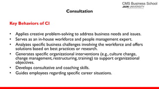 Consultation
Key Behaviors of Cl
• Applies creative problem-solving to address business needs and issues.
• Serves as an in-house workforce and people management expert.
• Analyzes specific business challenges involving the workforce and offers
solutions based on best practices or research.
• Generates specific organizational interventions (e.g., culture change,
change management, restructuring, training) to support organizational
objectives.
• Develops consultative and coaching skills.
• Guides employees regarding specific career situations.
 
