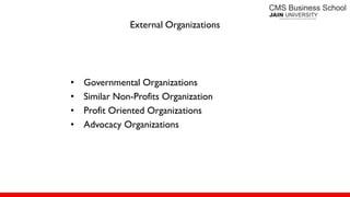 External Organizations
• Governmental Organizations
• Similar Non-Profits Organization
• Profit Oriented Organizations
• Advocacy Organizations
 