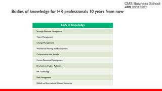 Body of Knowledge
Strategic Business Management
Talent Management
Change Management
Workforce Planning and Employment
Compensation and Benefits
Human Resource Development
Employee and Labor Relations
HR Technology
Risk Management
Global and International Human Resources
Bodies of knowledge for HR professionals 10 years from now
 