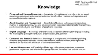 Knowledge
• Personnel and Human Resources — Knowledge of principles and procedures for personnel
recruitment, selection, training, compensation and benefits, labor relations and negotiation, and
personnel information systems.
• Administration and Management — Knowledge of business and management principles
involved in strategic planning, resource allocation, human resources modeling, leadership technique,
production methods, and coordination of people and resources.
• English Language — Knowledge of the structure and content of the English language including
the meaning and spelling of words, rules of composition, and grammar.
• Customer and Personal Service — Knowledge of principles and processes for providing
customer and personal services.This includes customer needs assessment, meeting quality
standards for services, and evaluation of customer satisfaction.
• Law and Government — Knowledge of laws, legal codes, court procedures, precedents,
government regulations, executive orders, agency rules, and the democratic political process.
 