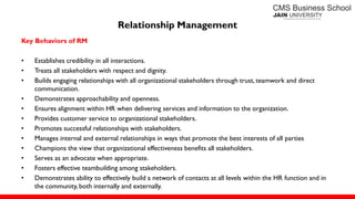 Relationship Management
Key Behaviors of RM
• Establishes credibility in all interactions.
• Treats all stakeholders with respect and dignity.
• Builds engaging relationships with all organizational stakeholders through trust, teamwork and direct
communication.
• Demonstrates approachability and openness.
• Ensures alignment within HR when delivering services and information to the organization.
• Provides customer service to organizational stakeholders.
• Promotes successful relationships with stakeholders.
• Manages internal and external relationships in ways that promote the best interests of all parties
• Champions the view that organizational effectiveness benefits all stakeholders.
• Serves as an advocate when appropriate.
• Fosters effective teambuilding among stakeholders.
• Demonstrates ability to effectively build a network of contacts at all levels within the HR function and in
the community, both internally and externally.
 