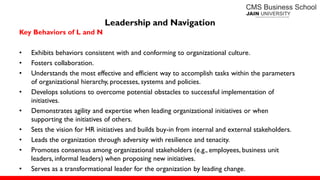 Leadership and Navigation
Key Behaviors of L and N
• Exhibits behaviors consistent with and conforming to organizational culture.
• Fosters collaboration.
• Understands the most effective and efficient way to accomplish tasks within the parameters
of organizational hierarchy, processes, systems and policies.
• Develops solutions to overcome potential obstacles to successful implementation of
initiatives.
• Demonstrates agility and expertise when leading organizational initiatives or when
supporting the initiatives of others.
• Sets the vision for HR initiatives and builds buy-in from internal and external stakeholders.
• Leads the organization through adversity with resilience and tenacity.
• Promotes consensus among organizational stakeholders (e.g., employees, business unit
leaders, informal leaders) when proposing new initiatives.
• Serves as a transformational leader for the organization by leading change.
 