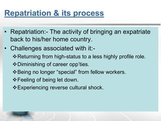 Repatriation & its process
• Repatriation:- The activity of bringing an expatriate
back to his/her home country.
• Challenges associated with it:-
Returning from high-status to a less highly profile role.
Diminishing of career opp’ties.
Being no longer “special” from fellow workers.
Feeling of being let down.
Experiencing reverse cultural shock.
 