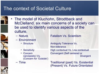 The context of Societal Culture

   • The model of Kluchohn, Strodtbeck and
     McClelland, six main concerns of a society can
     be used to identify various aspects of the
     culture.
     – Nature                       Fatalism Vs. Scientism
     – Environment
        • Structure                 Ambiguity Tolerance Vs.
                                    Non-tolerance
        • Sensitivity               High contextual Vs. Low contextual
        • Concern                   Convergent (Self centered or
          narcissistic) Vs.                                   Divergent
          (Concern for ‘Outside’)
     – Time                         Traditional (past) Vs. Existential
                                    (Present) Vs. Future Orientated
 