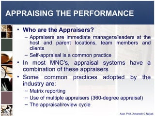 APPRAISING THE PERFORMANCE

  • Who are the Appraisers?
    – Appraisers are immediate managers/leaders at the
      host and parent locations, team members and
      clients
    – Self-appraisal is a common practice
  • In most MNC's, appraisal systems have a
    combination of these appraisers
  • Some common practices adopted by the
    industry are:
    – Matrix reporting
    – Use of multiple appraisers (360-degree appraisal)
    – The appraisal/review cycle
                                            Asst. Prof. Amaresh C Nayak
 