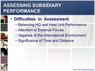 ASSESSING SUBSIDIARY
PERFORMANCE
  • Difficulties in Assessment
    – Balancing HQ and Host Unit Performance
    – Attention to External Forces
    – Vagaries of the International Environment
    – Significance of Time and Distance




                                       Asst. Prof. Amaresh C Nayak
 