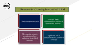 Globalizations of business
Effective HRM
Determination of success in
international business.
Movement to network
organizations from
traditional hierarchical
structures
Significant role in
implementation & control of
Strategies
Reasons for Growing interest in IHRM
 