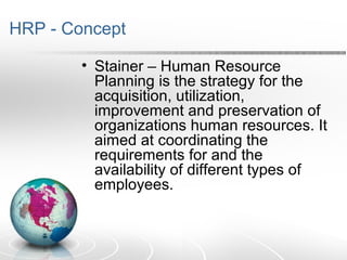 HRP - Concept
• Stainer – Human Resource
Planning is the strategy for the
acquisition, utilization,
improvement and preservation of
organizations human resources. It
aimed at coordinating the
requirements for and the
availability of different types of
employees.
 
