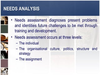 NEEDS ANALYSIS

  • Needs assessment diagnoses present problems
    and identities future challenges to be met through
    training and development.
  • Needs assessment occurs at three levels:
     – The individual
     – The organisational culture, politics, structure and
       strategy
     – The assignment
 