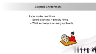 18
External Environment
• Labor market conditions:
– Strong economy = difficulty hiring.
– Weak economy = too many applicants.
 