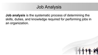 Job Analysis
Job analysis is the systematic process of determining the
skills, duties, and knowledge required for performing jobs in
an organization.
4-8
 