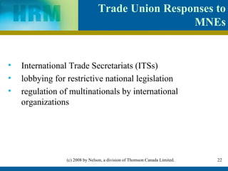 Trade Union Responses to MNEs International Trade Secretariats (ITSs) lobbying for restrictive national legislation regulation of multinationals by international organizations 