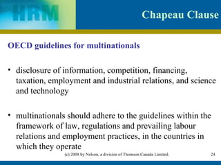 Chapeau Clause OECD guidelines for multinationals   disclosure of information, competition, financing, taxation, employment and industrial relations, and science and technology  multinationals should adhere to the guidelines within the framework of law, regulations and prevailing labour relations and employment practices, in the countries in which they operate 