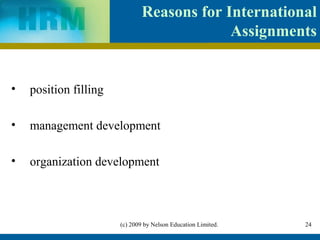 Reasons for International
                                            Assignments


•   position filling

•   management development

•   organization development



                       (c) 2009 by Nelson Education Limited.   24
 
