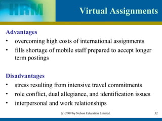 Virtual Assignments

Advantages
• overcoming high costs of international assignments
• fills shortage of mobile staff prepared to accept longer
  term postings

Disadvantages
• stress resulting from intensive travel commitments
• role conflict, dual allegiance, and identification issues
• interpersonal and work relationships
                      (c) 2009 by Nelson Education Limited.   32
 