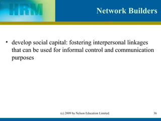 Network Builders


• develop social capital: fostering interpersonal linkages
  that can be used for informal control and communication
  purposes




                     (c) 2009 by Nelson Education Limited.    36
 