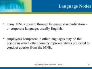 Language Nodes


• many MNEs operate through language standardization –
  or corporate language, usually English.

• employees competent in other languages may be the
  person in which other country representatives preferred to
  conduct queries from the MNE.



                     (c) 2009 by Nelson Education Limited.      38
 