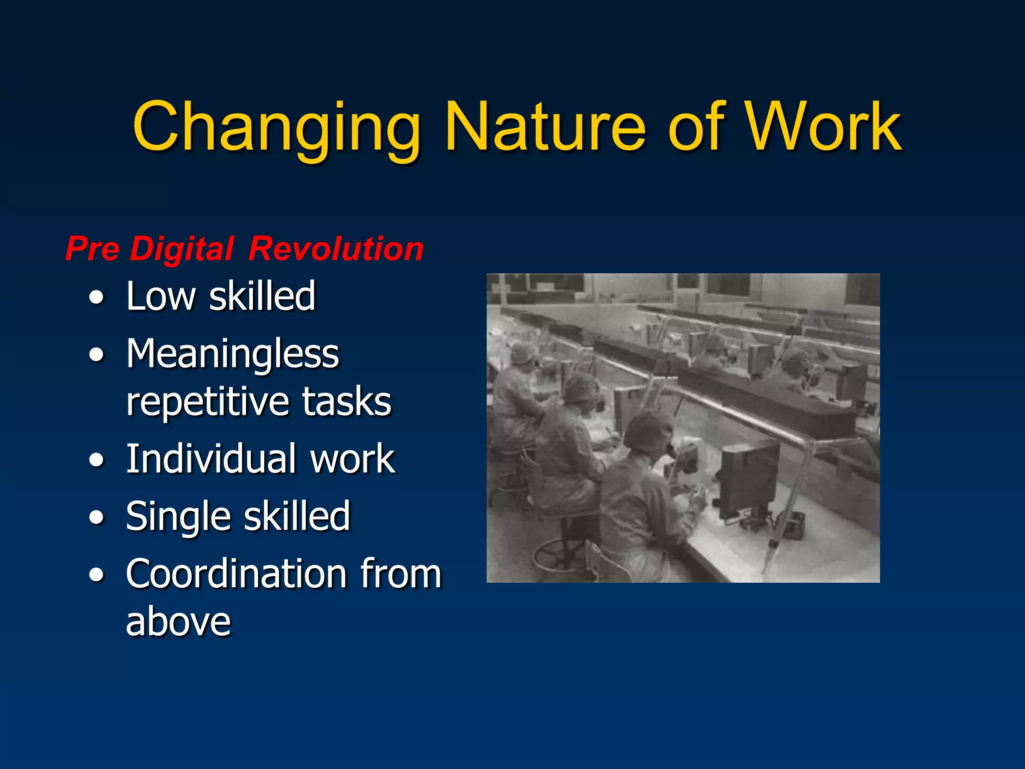 Changing Nature of Work
Pre Digital Revolution
 • Low skilled
 • Meaningless
   repetitive tasks
 • Individual work
 • Single skilled
 • Coordination from
   above
 