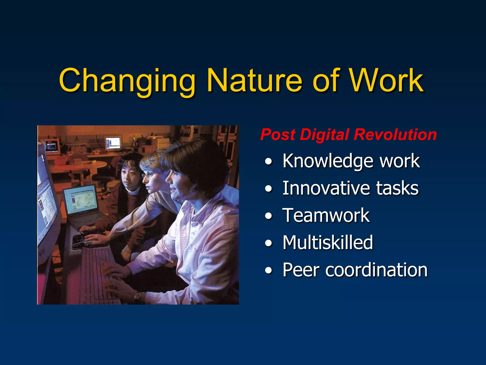 Changing Nature of Work
            Post Digital Revolution
            •   Knowledge work
            •   Innovative tasks
            •   Teamwork
            •   Multiskilled
            •   Peer coordination
 
