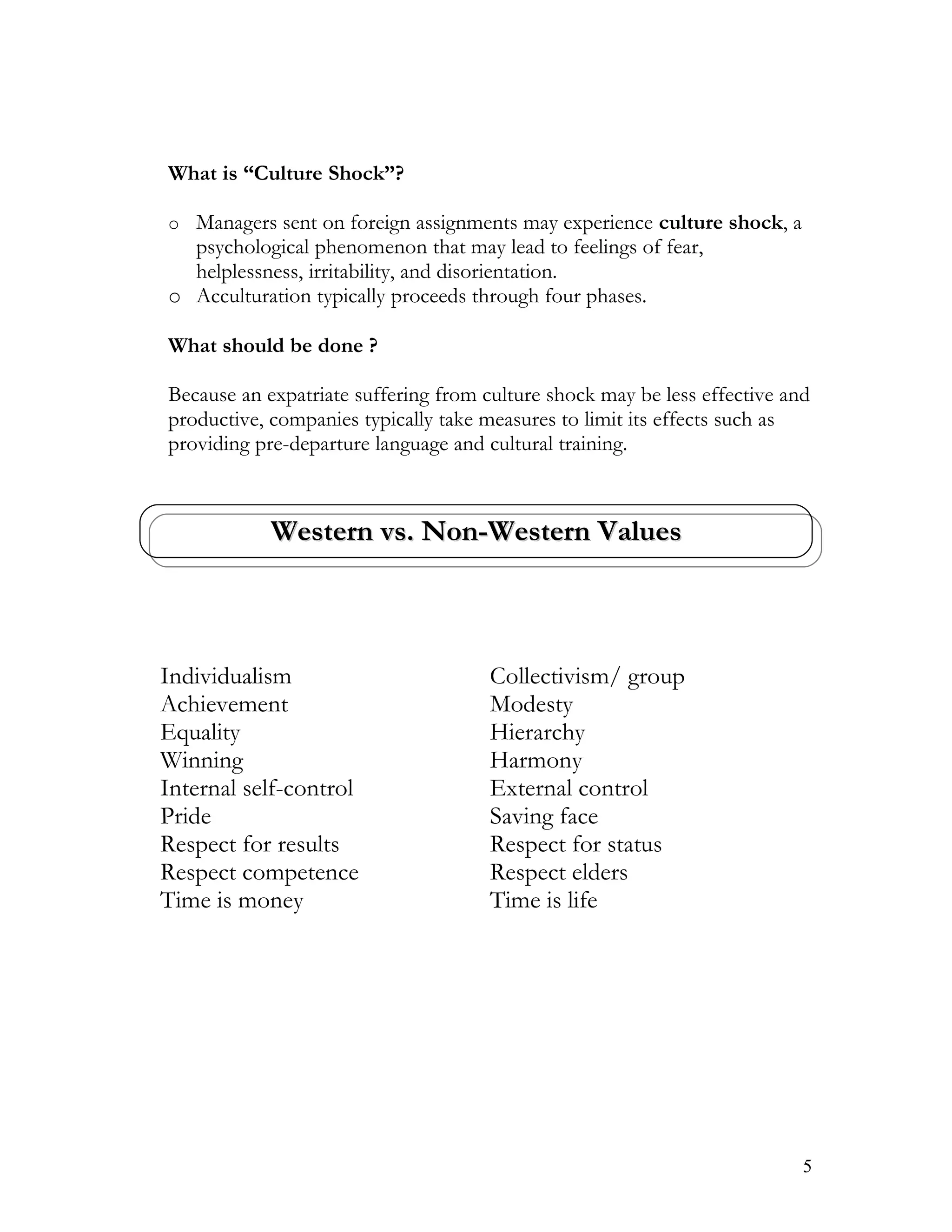 What is “Culture Shock”?

o Managers sent on foreign assignments may experience culture shock, a
  psychological phenomenon that may lead to feelings of fear,
  helplessness, irritability, and disorientation.
o Acculturation typically proceeds through four phases.

What should be done ?

Because an expatriate suffering from culture shock may be less effective and
productive, companies typically take measures to limit its effects such as
providing pre-departure language and cultural training.



            Western vs. Non-Western Values



Individualism                         Collectivism/ group
Achievement                           Modesty
Equality                              Hierarchy
Winning                               Harmony
Internal self-control                 External control
Pride                                 Saving face
Respect for results                   Respect for status
Respect competence                    Respect elders
Time is money                         Time is life




                                                                           5
 
