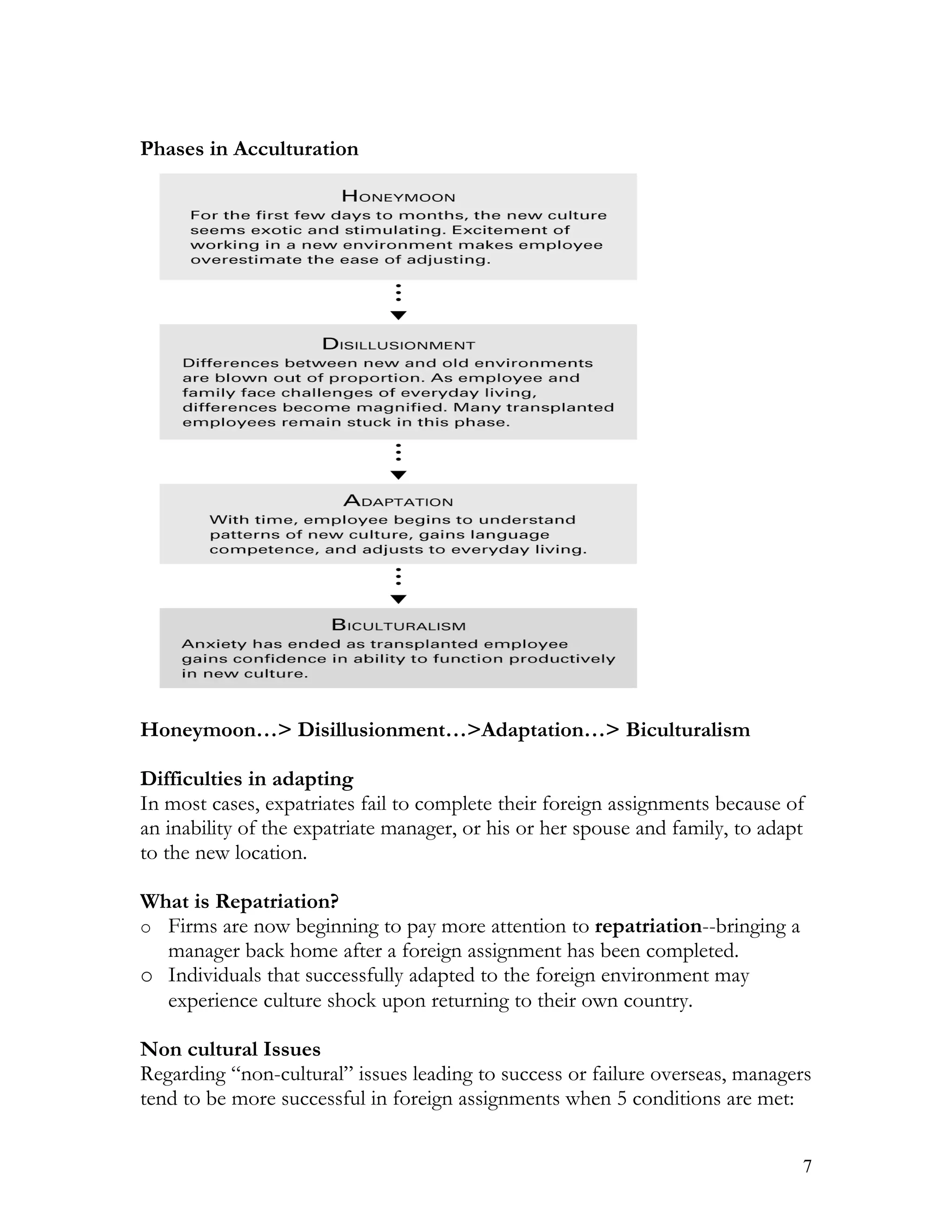 Phases in Acculturation




Honeymoon…> Disillusionment…>Adaptation…> Biculturalism

Difficulties in adapting
In most cases, expatriates fail to complete their foreign assignments because of
an inability of the expatriate manager, or his or her spouse and family, to adapt
to the new location.

What is Repatriation?
o Firms are now beginning to pay more attention to repatriation--bringing a
  manager back home after a foreign assignment has been completed.
o Individuals that successfully adapted to the foreign environment may
  experience culture shock upon returning to their own country.

Non cultural Issues
Regarding “non-cultural” issues leading to success or failure overseas, managers
tend to be more successful in foreign assignments when 5 conditions are met:


                                                                                7
 