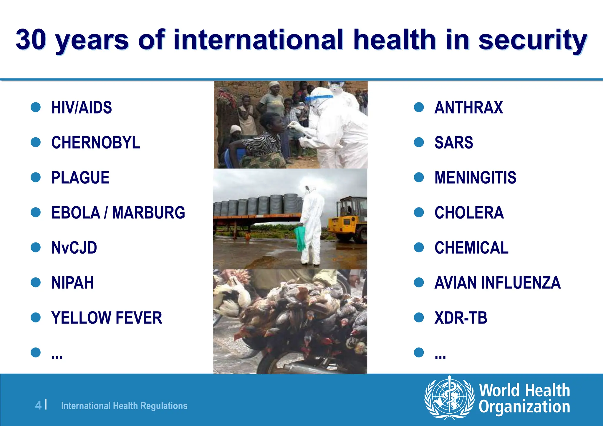 International Health Regulations
4 |
30 years of international health in security
 HIV/AIDS
 CHERNOBYL
 PLAGUE
 EBOLA / MARBURG
 NvCJD
 NIPAH
 YELLOW FEVER
 ...
 ANTHRAX
 SARS
 MENINGITIS
 CHOLERA
 CHEMICAL
 AVIAN INFLUENZA
 XDR-TB
 ...
 