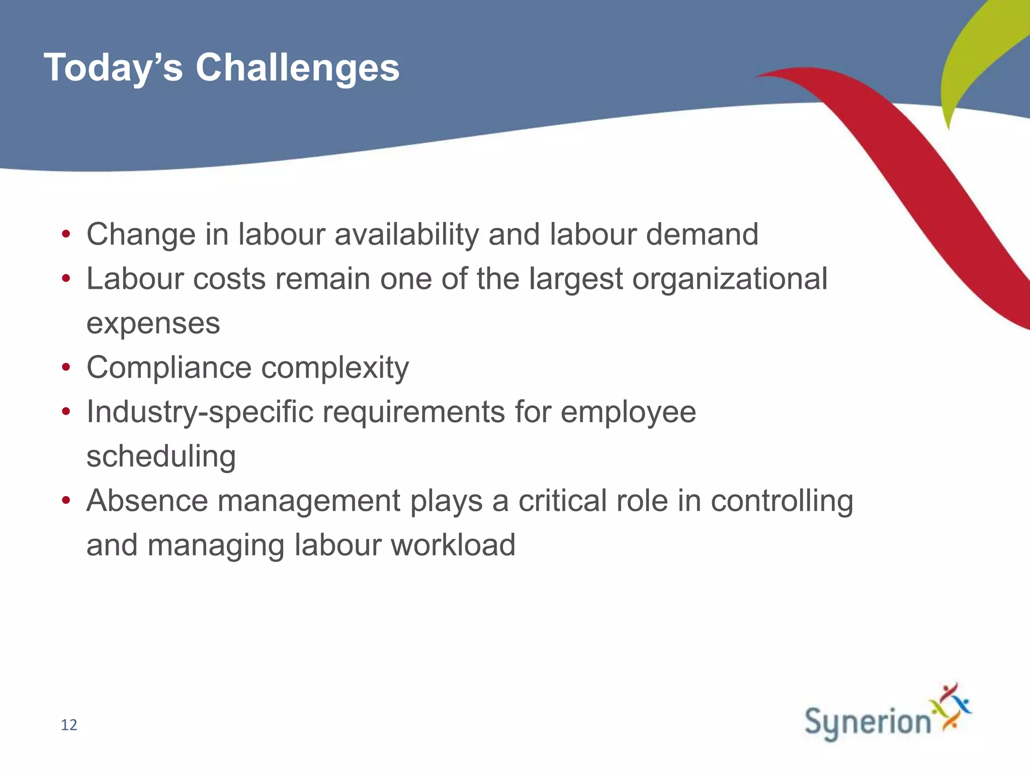 Today’s Challenges



• Change in labour availability and labour demand
• Labour costs remain one of the largest organizational
  expenses
• Compliance complexity
• Industry-specific requirements for employee
  scheduling
• Absence management plays a critical role in controlling
  and managing labour workload




12
 