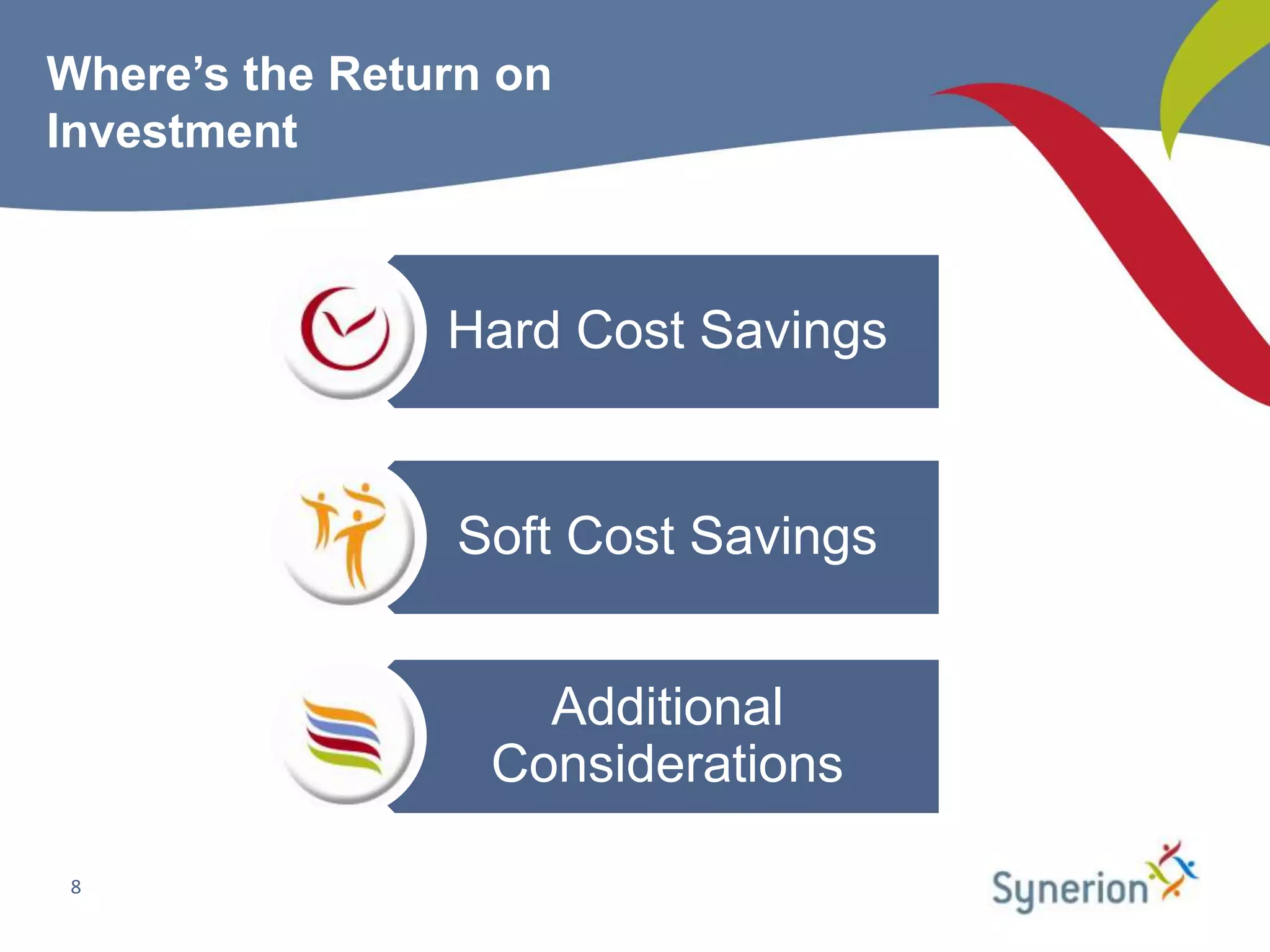 Where’s the Return on
Investment



                Hard Cost Savings


                 Soft Cost Savings


                    Additional
                  Considerations

 8
 