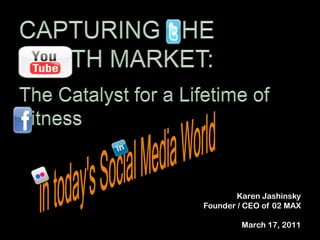 CAPTURING THE YOUTH MARKET: The Catalyst for a Lifetime of Fitness  in today's Social Media World Karen Jashinsky Founder / CEO of 02 MAX March 13, 2011 Karen Jashinsky Founder / CEO of 02 MAX March 17, 2011 