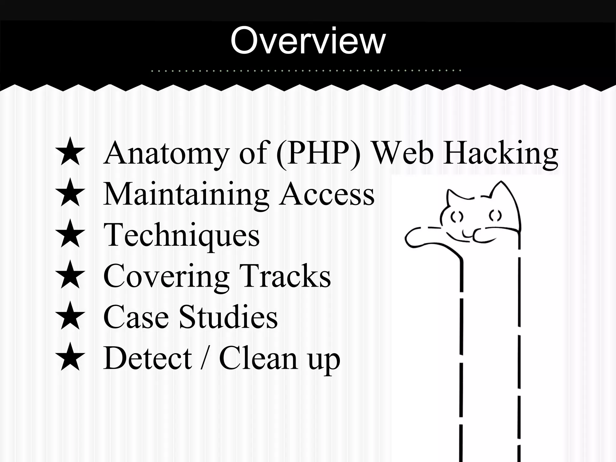 Overview 
★ Anatomy of (PHP) Web Hacking 
★ Maintaining Access 
★ Techniques 
★ Covering Tracks 
★ Case Studies 
★ Detect / Clean up 
 