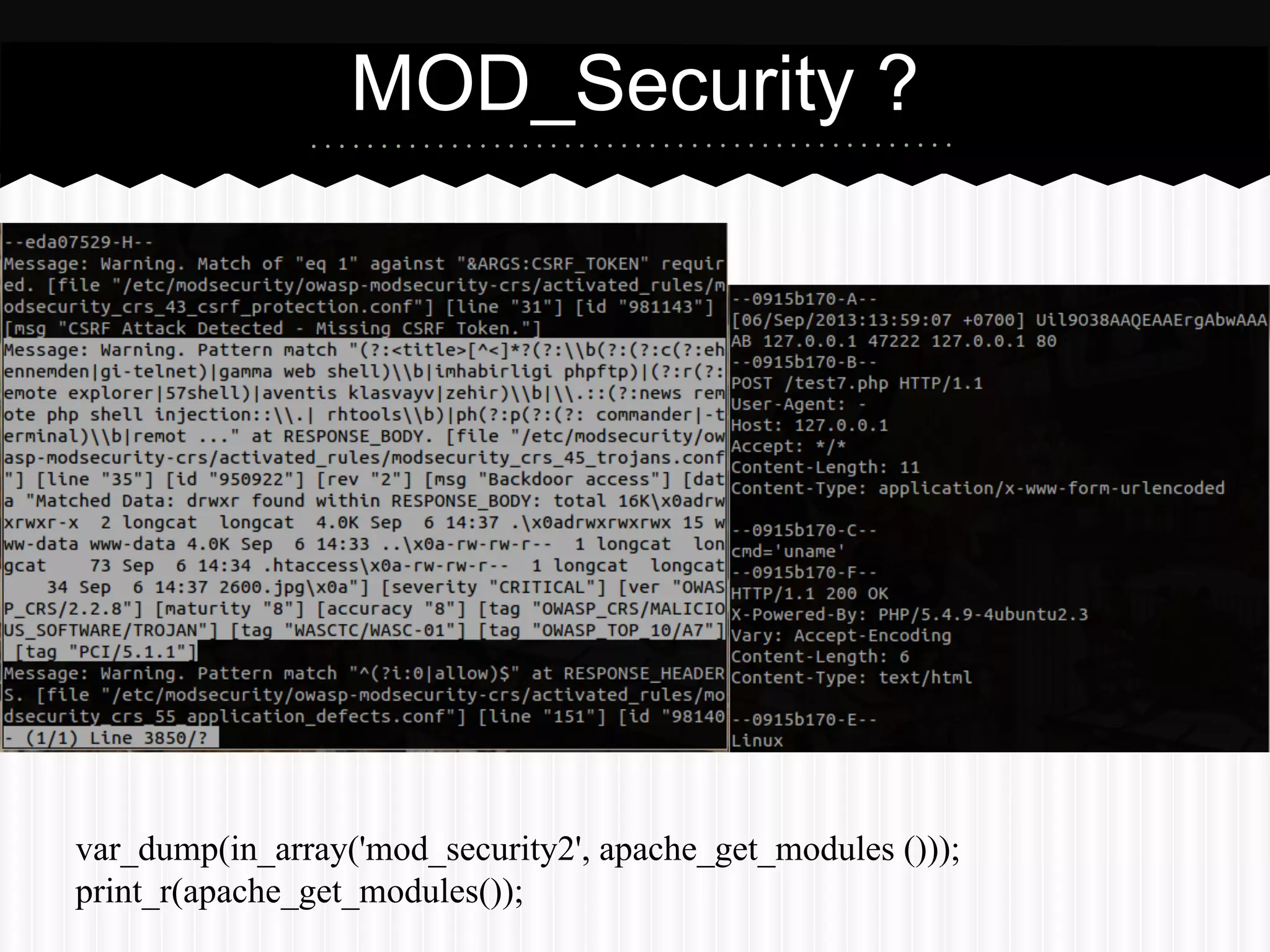 MOD_Security ? 
var_dump(in_array('mod_security2', apache_get_modules ())); 
print_r(apache_get_modules()); 
 