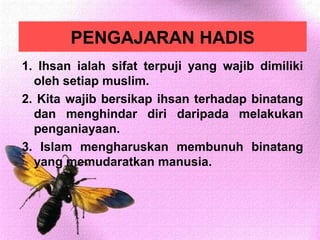 PENGAJARAN HADIS
1. Ihsan ialah sifat terpuji yang wajib dimiliki
  oleh setiap muslim.
2. Kita wajib bersikap ihsan terhadap binatang
  dan menghindar diri daripada melakukan
  penganiayaan.
3. Islam mengharuskan membunuh binatang
  yang memudaratkan manusia.
 