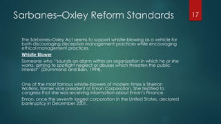 Sarbanes–Oxley Reform Standards
The Sarbanes–Oxley Act seems to support whistle-blowing as a vehicle for
both discouraging deceptive management practices while encouraging
ethical management practices.
Whistle Blower
Someone who ‘‘sounds an alarm within an organization in which he or she
works, aiming to spotlight neglect or abuses which threaten the public
interest’’ (Drummond and Bain, 1994).
One of the most famous whistle-blowers of modern times is Sherron
Watkins, former vice president of Enron Corporation. She testified to
congress that she was receiving information about Enron’s Finance.
Enron, once the seventh largest corporation in the United States, declared
bankruptcy in December 2001.
17
 