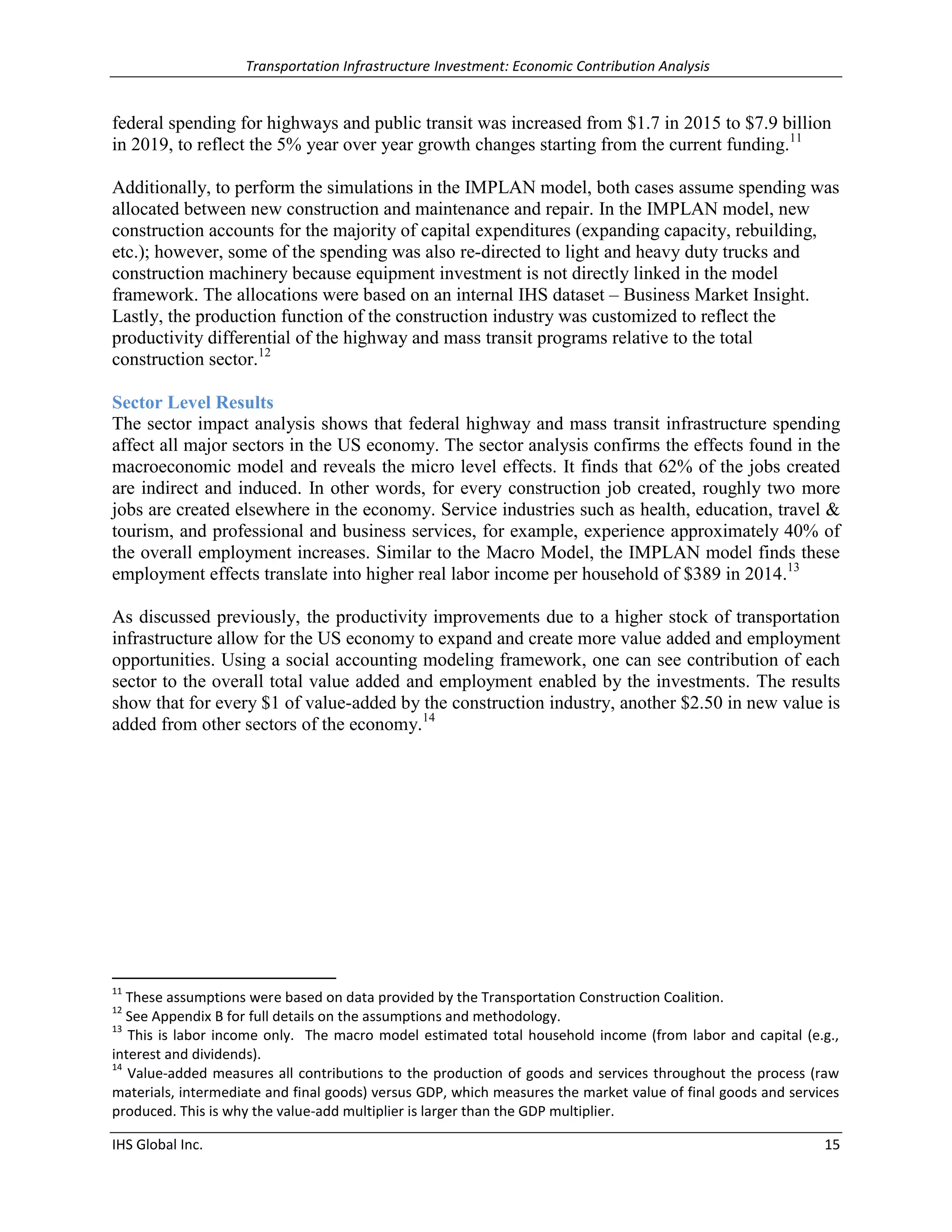 Transportation Infrastructure Investment: Economic Contribution Analysis 
IHS Global Inc. 15 
federal spending for highways and public transit was increased from $1.7 in 2015 to $7.9 billion in 2019, to reflect the 5% year over year growth changes starting from the current funding.11 
Additionally, to perform the simulations in the IMPLAN model, both cases assume spending was allocated between new construction and maintenance and repair. In the IMPLAN model, new construction accounts for the majority of capital expenditures (expanding capacity, rebuilding, etc.); however, some of the spending was also re-directed to light and heavy duty trucks and construction machinery because equipment investment is not directly linked in the model framework. The allocations were based on an internal IHS dataset – Business Market Insight. Lastly, the production function of the construction industry was customized to reflect the productivity differential of the highway and mass transit programs relative to the total construction sector.12 
Sector Level Results 
The sector impact analysis shows that federal highway and mass transit infrastructure spending affect all major sectors in the US economy. The sector analysis confirms the effects found in the macroeconomic model and reveals the micro level effects. It finds that 62% of the jobs created are indirect and induced. In other words, for every construction job created, roughly two more jobs are created elsewhere in the economy. Service industries such as health, education, travel & tourism, and professional and business services, for example, experience approximately 40% of the overall employment increases. Similar to the Macro Model, the IMPLAN model finds these employment effects translate into higher real labor income per household of $389 in 2014.13 
As discussed previously, the productivity improvements due to a higher stock of transportation infrastructure allow for the US economy to expand and create more value added and employment opportunities. Using a social accounting modeling framework, one can see contribution of each sector to the overall total value added and employment enabled by the investments. The results show that for every $1 of value-added by the construction industry, another $2.50 in new value is added from other sectors of the economy.14 
11 These assumptions were based on data provided by the Transportation Construction Coalition. 
12 See Appendix B for full details on the assumptions and methodology. 
13 This is labor income only. The macro model estimated total household income (from labor and capital (e.g., interest and dividends). 
14 Value-added measures all contributions to the production of goods and services throughout the process (raw materials, intermediate and final goods) versus GDP, which measures the market value of final goods and services produced. This is why the value-add multiplier is larger than the GDP multiplier.  