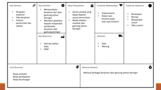 • Pengrajin
anyaman
• Toko kerajinan
• Instansi
pemerintah dan
swasta
• Memproduksi
kerajinan dari akar
gantung pohon
beringin
• Memberi pelatihan
kepada masyarakat
pembuatan
kerajinan akar
gantung beringin
• Desain produk yang
dapat dipesan
sesuai permintaan
• Media edukasi
manfaat akar
gantung pohon
beringin
• Endorsement
• Diskon dan
promosi pada
saat-saat tertentu
• Wisatawan
• Remaja
• Masyarakat
umum
• Toko suvenir
• Alat dan bahan
baku
• SDM
• Toko
• Warung
Biaya produksi
Biaya pendapatan
Biaya keuntungan
Menjual berbagai kerajinan akar gantung pohon beringin
 