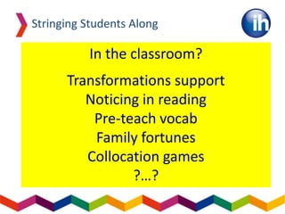 Stringing Students Along
In the classroom?
Transformations support
Noticing in reading
Pre-teach vocab
Family fortunes
Collocation games
?…?
 