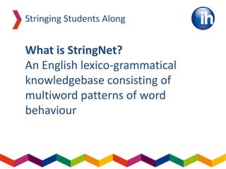 Stringing Students Along
What is StringNet?
An English lexico-grammatical
knowledgebase consisting of
multiword patterns of word
behaviour
 