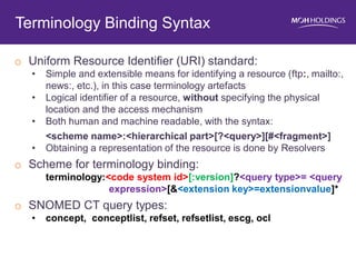 Terminology Binding Syntax 
oUniform Resource Identifier (URI) standard: 
•Simple and extensible means for identifying a resource (ftp:, mailto:, news:, etc.), in this case terminology artefacts 
•Logical identifier of a resource, without specifying the physical location and the access mechanism 
•Both human and machine readable, with the syntax: <scheme name>:<hierarchical part>[?<query>][#<fragment>] 
•Obtaining a representation of the resource is done by Resolvers 
oScheme for terminology binding: terminology:<code system id>[:version]?<query type>= <query expression>[&<extension key>=extensionvalue]* 
oSNOMED CT query types: 
•concept, conceptlist, refset, refsetlist, escg, ocl  