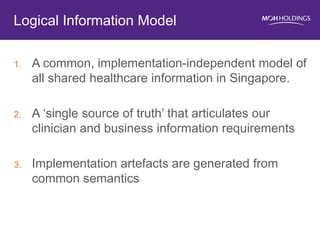 1.A common, implementation-independent model of all shared healthcare information in Singapore. 
2.A ‘single source of truth’ that articulates our clinician and business information requirements 
3.Implementation artefacts are generated from common semantics 
Logical Information Model  