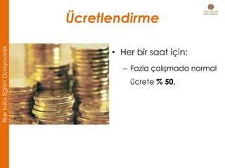 Ücretlendirme
• Her bir saat için:
– Fazla çalışmada normal
ücrete % 50,
İlkerkaldıEğitimDanışmanlık
 