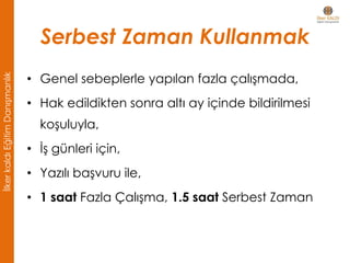 Serbest Zaman Kullanmak
• Genel sebeplerle yapılan fazla çalışmada,
• Hak edildikten sonra altı ay içinde bildirilmesi
koşuluyla,
• İş günleri için,
• Yazılı başvuru ile,
• 1 saat Fazla Çalışma, 1.5 saat Serbest Zaman
İlkerkaldıEğitimDanışmanlık
 