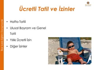 Ücretli Tatil ve İzinler
• Hafta Tatili
• Ulusal Bayram ve Genel
Tatil
• Yıllık Ücretli İzin
• Diğer İzinler
İlkerkaldıEğitimDanışmanlık
 