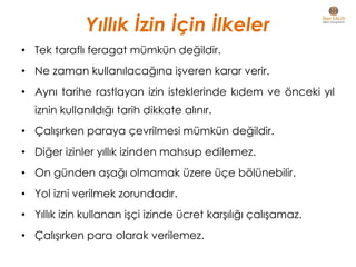 Yıllık İzin İçin İlkeler
• Tek taraflı feragat mümkün değildir.
• Ne zaman kullanılacağına işveren karar verir.
• Aynı tarihe rastlayan izin isteklerinde kıdem ve önceki yıl
iznin kullanıldığı tarih dikkate alınır.
• Çalışırken paraya çevrilmesi mümkün değildir.
• Diğer izinler yıllık izinden mahsup edilemez.
• On günden aşağı olmamak üzere üçe bölünebilir.
• Yol izni verilmek zorundadır.
• Yıllık izin kullanan işçi izinde ücret karşılığı çalışamaz.
• Çalışırken para olarak verilemez.
 