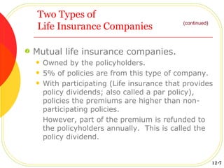 Two Types of Life Insurance Companies Mutual life insurance companies. Owned by the policyholders. 5% of policies are from this type of company. With participating (Life insurance that provides policy dividends; also called a par policy), policies the premiums are higher than non-participating policies.  However, part of the premium is refunded to the policyholders annually.  This is called the policy dividend. (continued) 12-7 