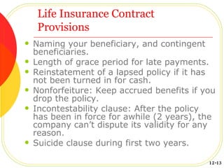 Life Insurance Contract Provisions Naming your beneficiary, and contingent beneficiaries. Length of grace period for late payments. Reinstatement of a lapsed policy if it has not been turned in for cash. Nonforfeiture: Keep accrued benefits if you drop the policy. Incontestability clause: After the policy has been in force for awhile (2 years), the company can’t dispute its validity for any reason. Suicide clause during first two years. 12-13 