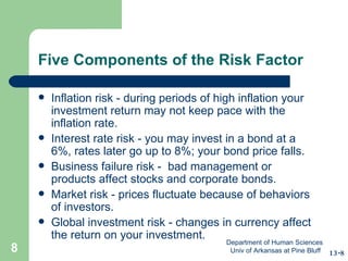 Five Components of the Risk Factor Inflation risk - during periods of high inflation your investment return may not keep pace with the inflation rate. Interest rate risk - you may invest in a bond at a 6%, rates later go up to 8%; your bond price falls. Business failure risk -  bad management or products affect stocks and corporate bonds. Market risk - prices fluctuate because of behaviors of investors. Global investment risk - changes in currency affect the return on your investment. 13-8 Department of Human Sciences  Univ of Arkansas at Pine Bluff 