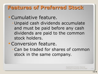 Features of Preferred Stock Cumulative feature. Unpaid cash dividends accumulate and must be paid before any cash dividends are paid to the common stock holders. Conversion feature. Can be traded for shares of common stock in the same company. 14-8 Department of Human Sciences  University of Arkansas at Pine Bluff 1- 