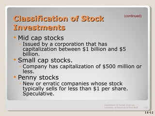 Classification of Stock Investments Mid cap stocks Issued by a corporation that has capitalization between $1 billion and $5 billion. Small cap stocks . Company has capitalization of $500 million or less. Penny stocks New or erratic companies whose stock typically sells for less than $1 per share. Speculative. (continued) 14-12 Department of Human Sciences  University of Arkansas at Pine Bluff 1- 