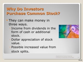 Why Do Investors  Purchase Common Stock? They can make money in three ways. Income from dividends in the form of cash or additional stock. Dollar appreciation of stock value. Possible increased value from stock splits . 14-5 Department of Human Sciences  University of Arkansas at Pine Bluff 1- 